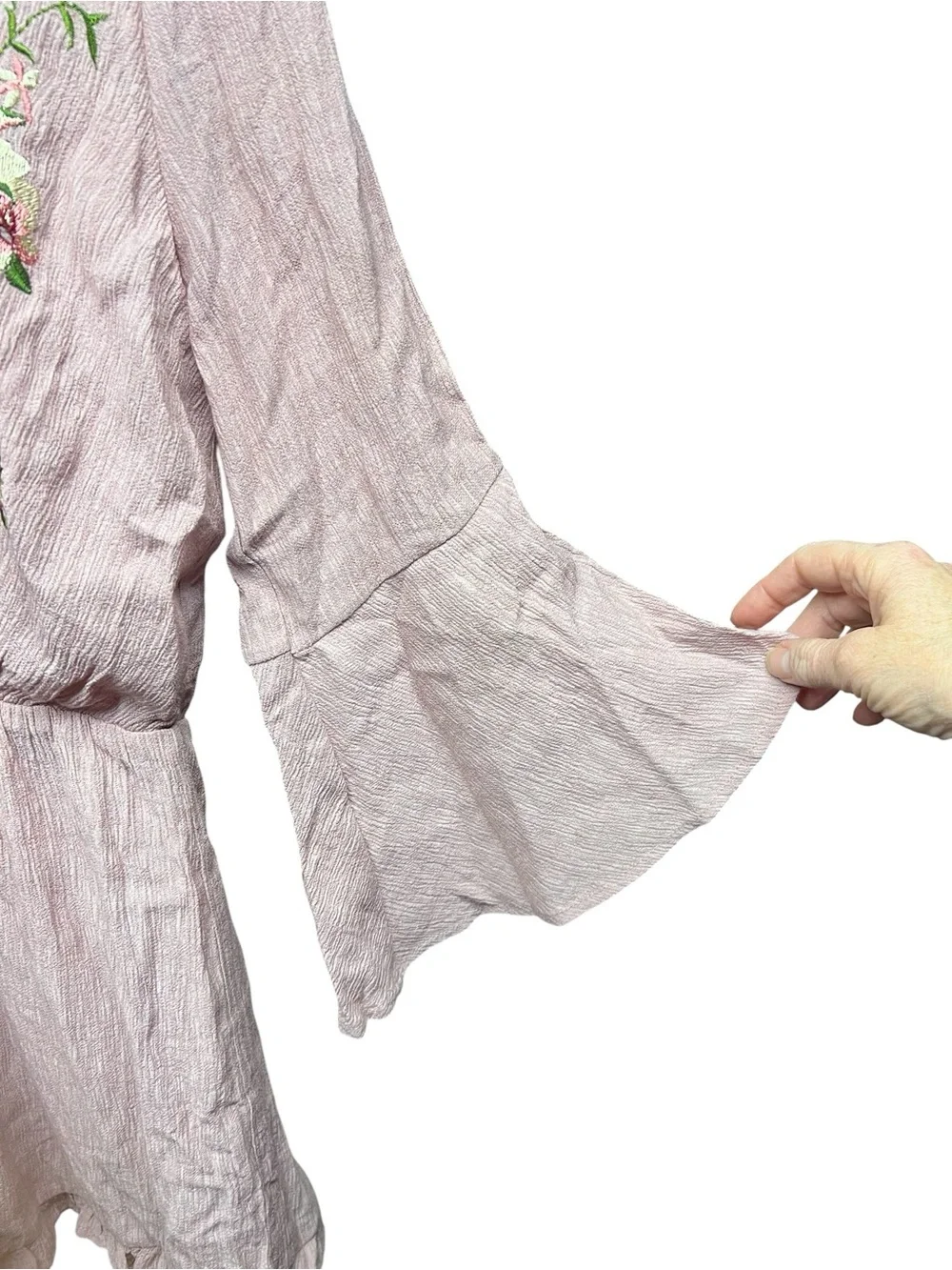 Altar'd State Joanna Mauve Pink Romper Floral Embroidery Bell Sleeves